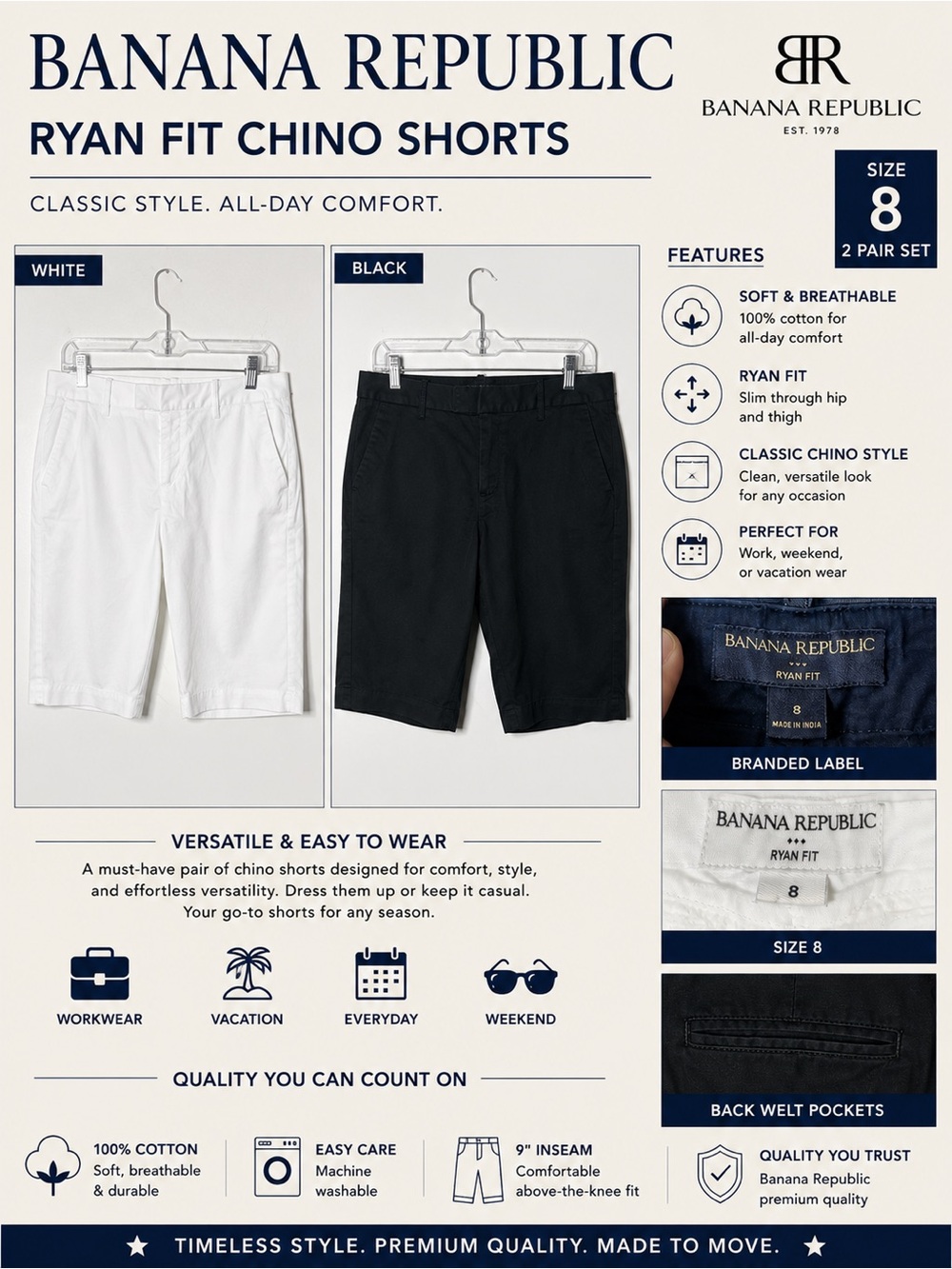 Banana Republic Ryan Fit Chino Shorts - Black & White Womens 8